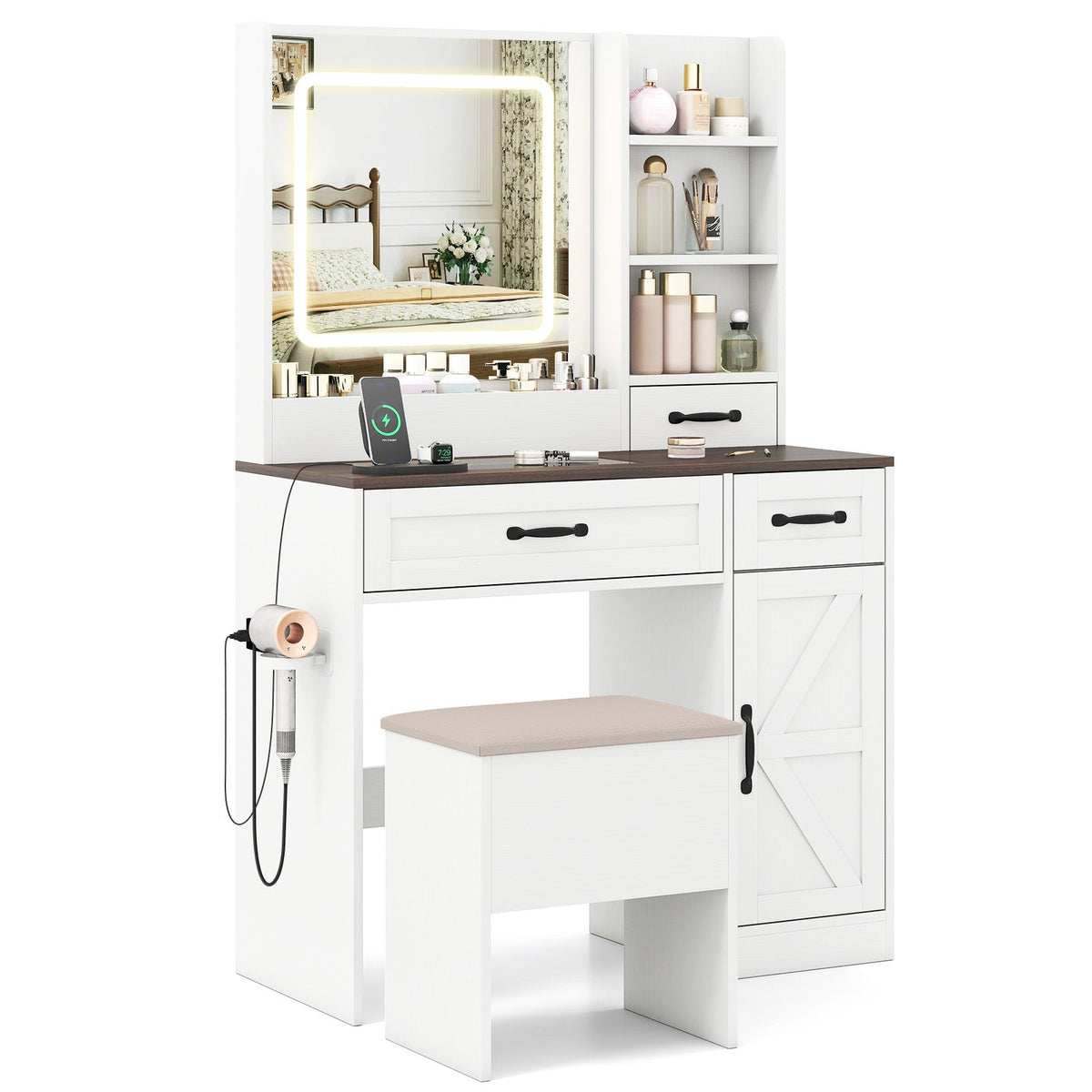 Vanity Desk with Mirror and Lights Farmhouse Makeup Dressing Table-White