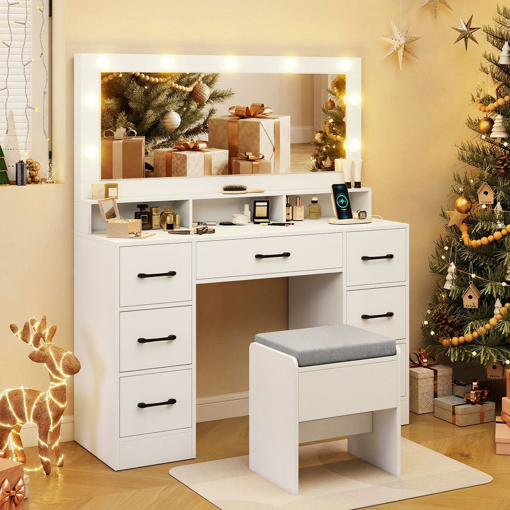 Vanity Desk with Mirror and Lights Makeup Table with Power Outlets