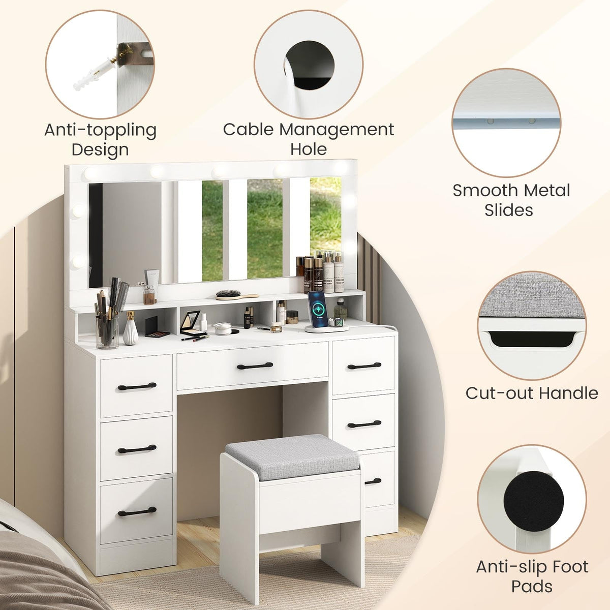 Vanity Desk with Mirror and Lights Makeup Table with Power Outlets