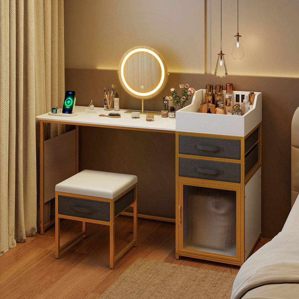 Vanity Desk with Rotatable Lighted Mirror 55 Inch Makeup Vanity Table-White