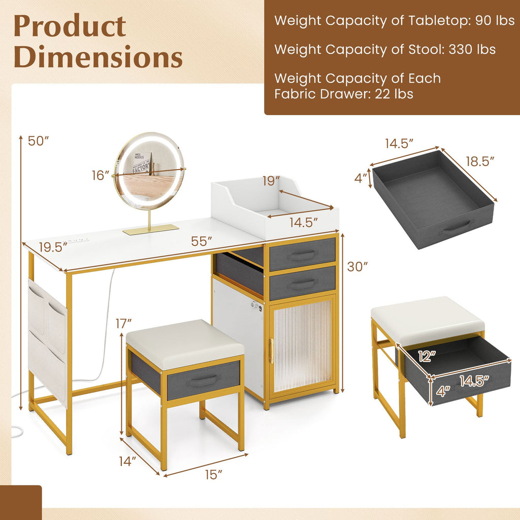 Vanity Desk with Rotatable Lighted Mirror 55 Inch Makeup Vanity Table-White