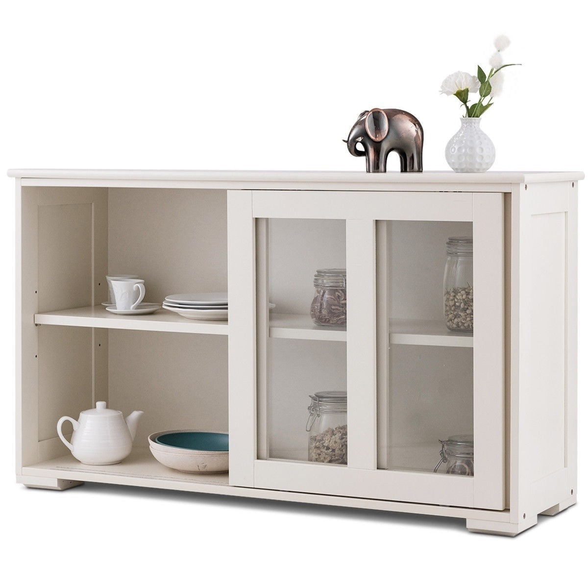 White Wood Buffet Sideboard Cabinet with Glass Sliding Door