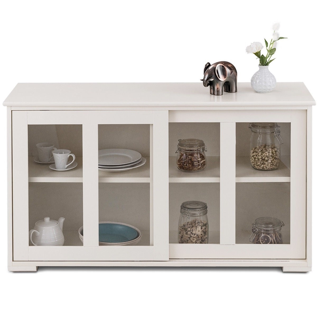 White Wood Buffet Sideboard Cabinet with Glass Sliding Door