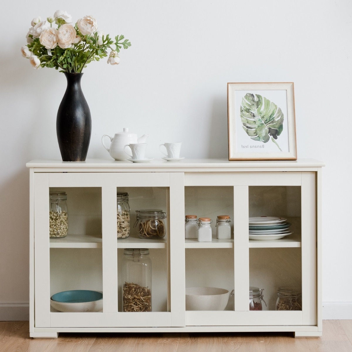 White Wood Buffet Sideboard Cabinet with Glass Sliding Door