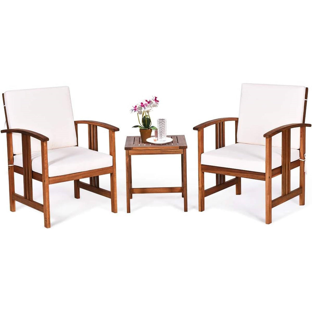 3-Piece Solid Wood Patio Table Chairs Set with White Cushions