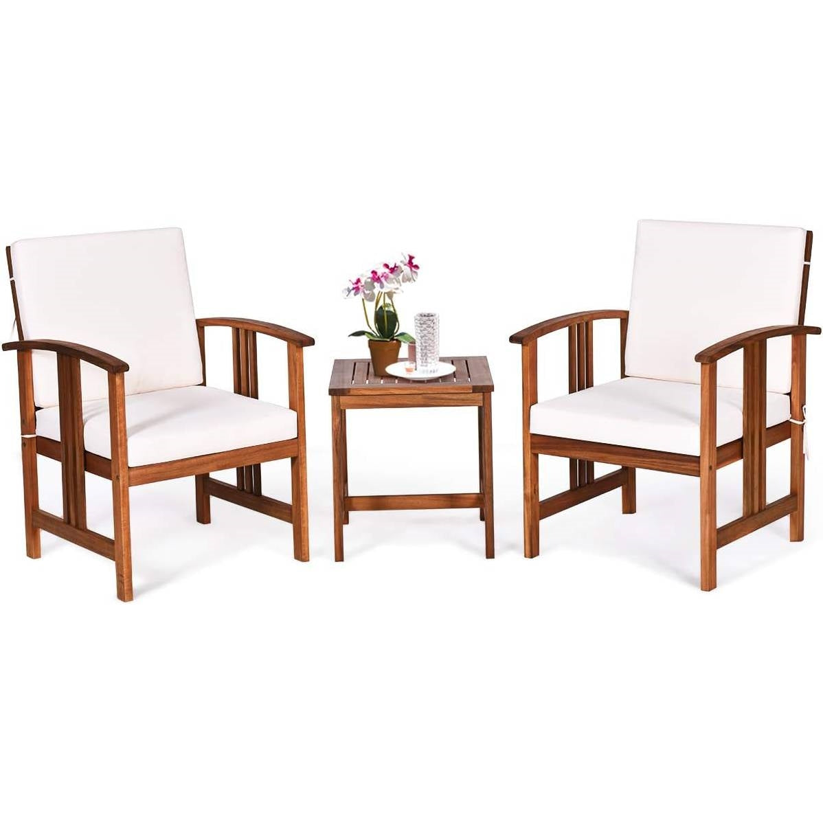 3-Piece Solid Wood Patio Table Chairs Set with White Cushions