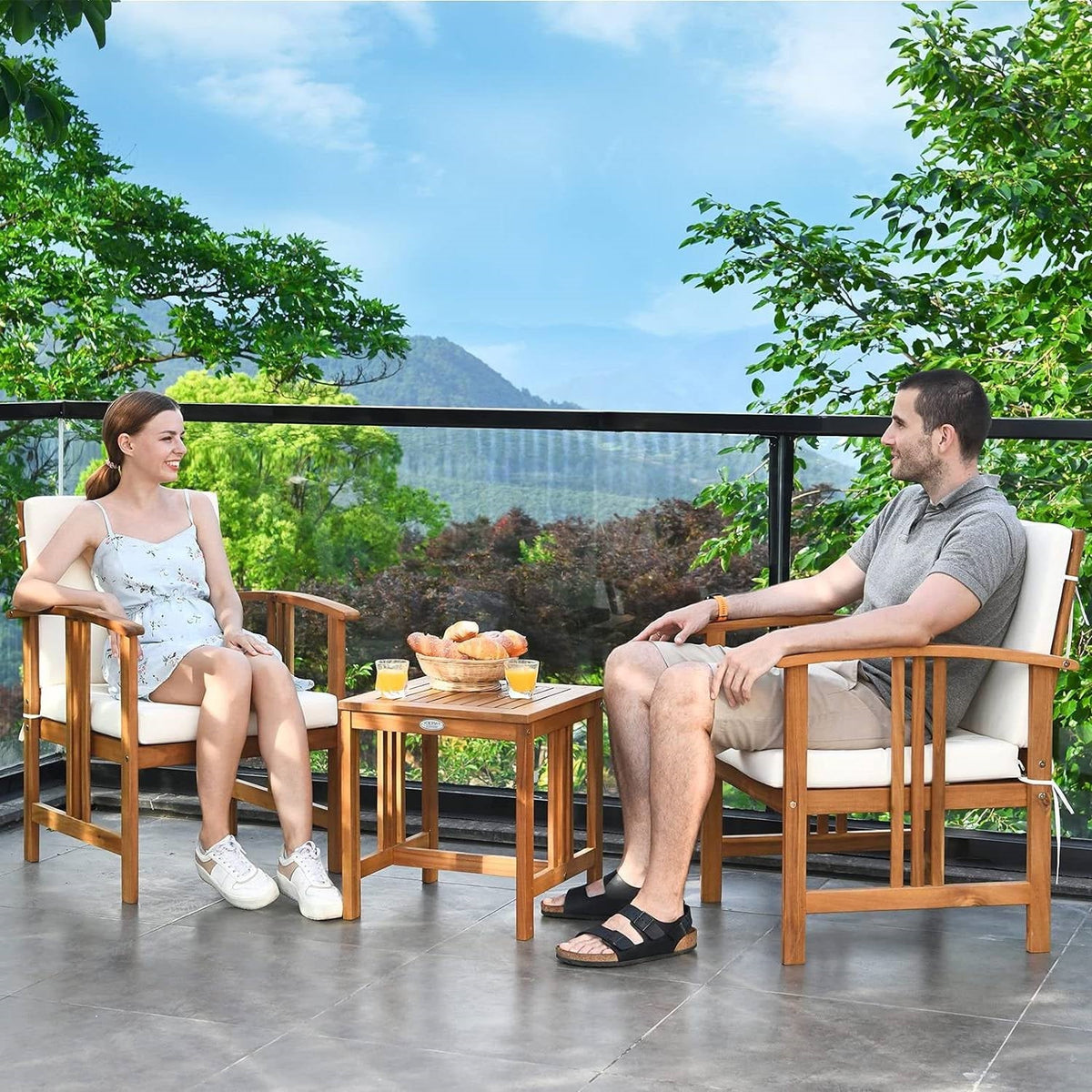 3-Piece Solid Wood Patio Table Chairs Set with White Cushions