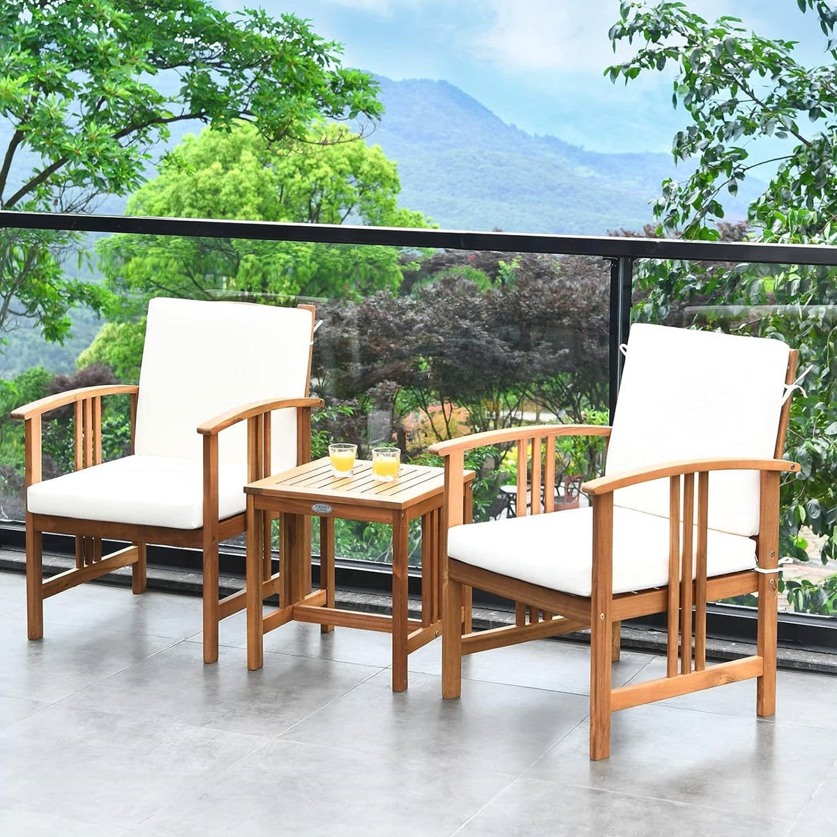 3-Piece Solid Wood Patio Table Chairs Set with White Cushions