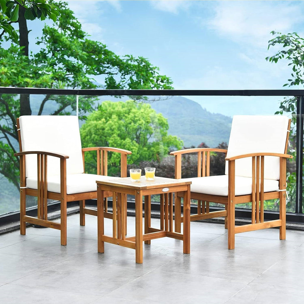3-Piece Solid Wood Patio Table Chairs Set with White Cushions