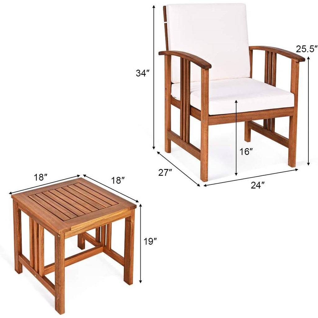 3-Piece Solid Wood Patio Table Chairs Set with White Cushions