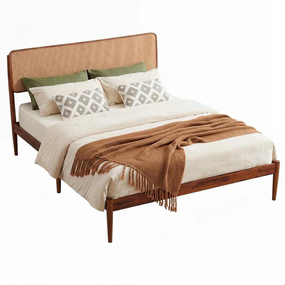 Queen Rattan Headboard Bed Frame with Wood Slat Support