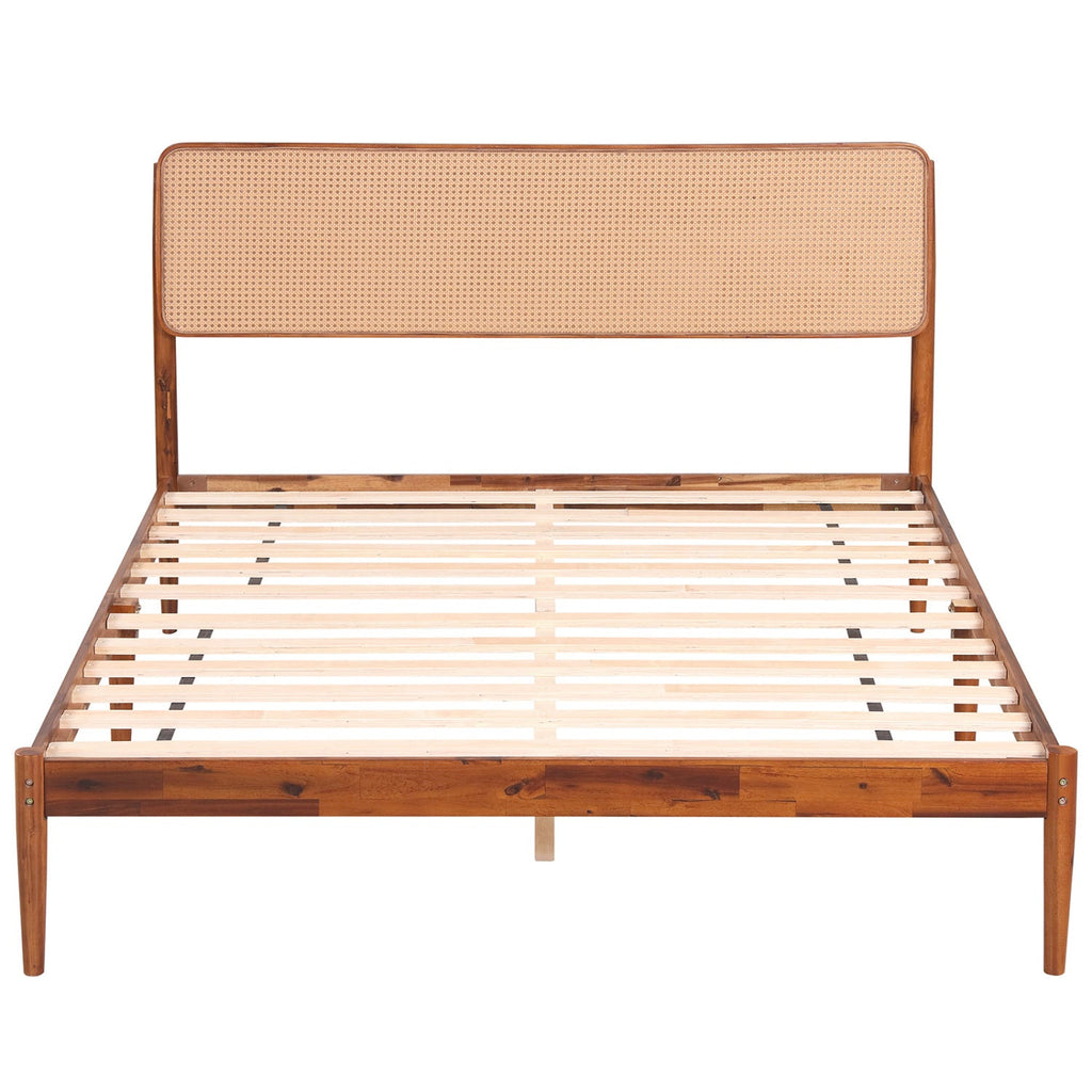 Queen Rattan Headboard Bed Frame with Wood Slat Support