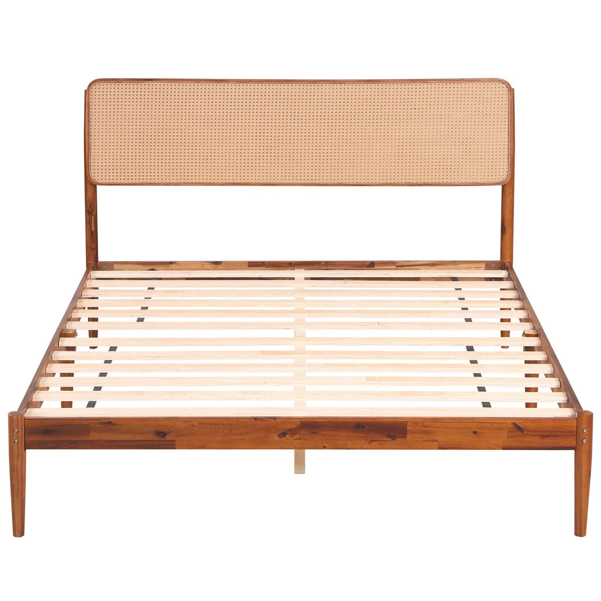 Queen Rattan Headboard Bed Frame with Wood Slat Support