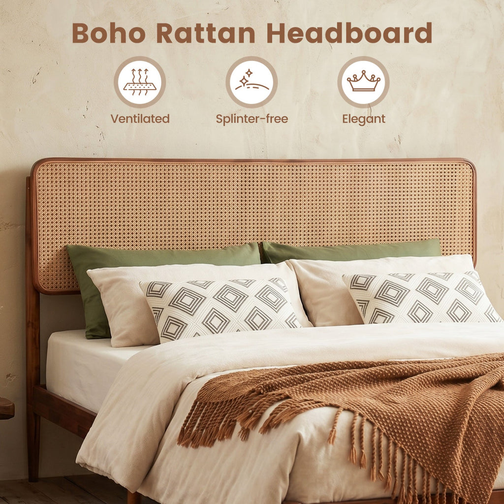 Queen Rattan Headboard Bed Frame with Wood Slat Support