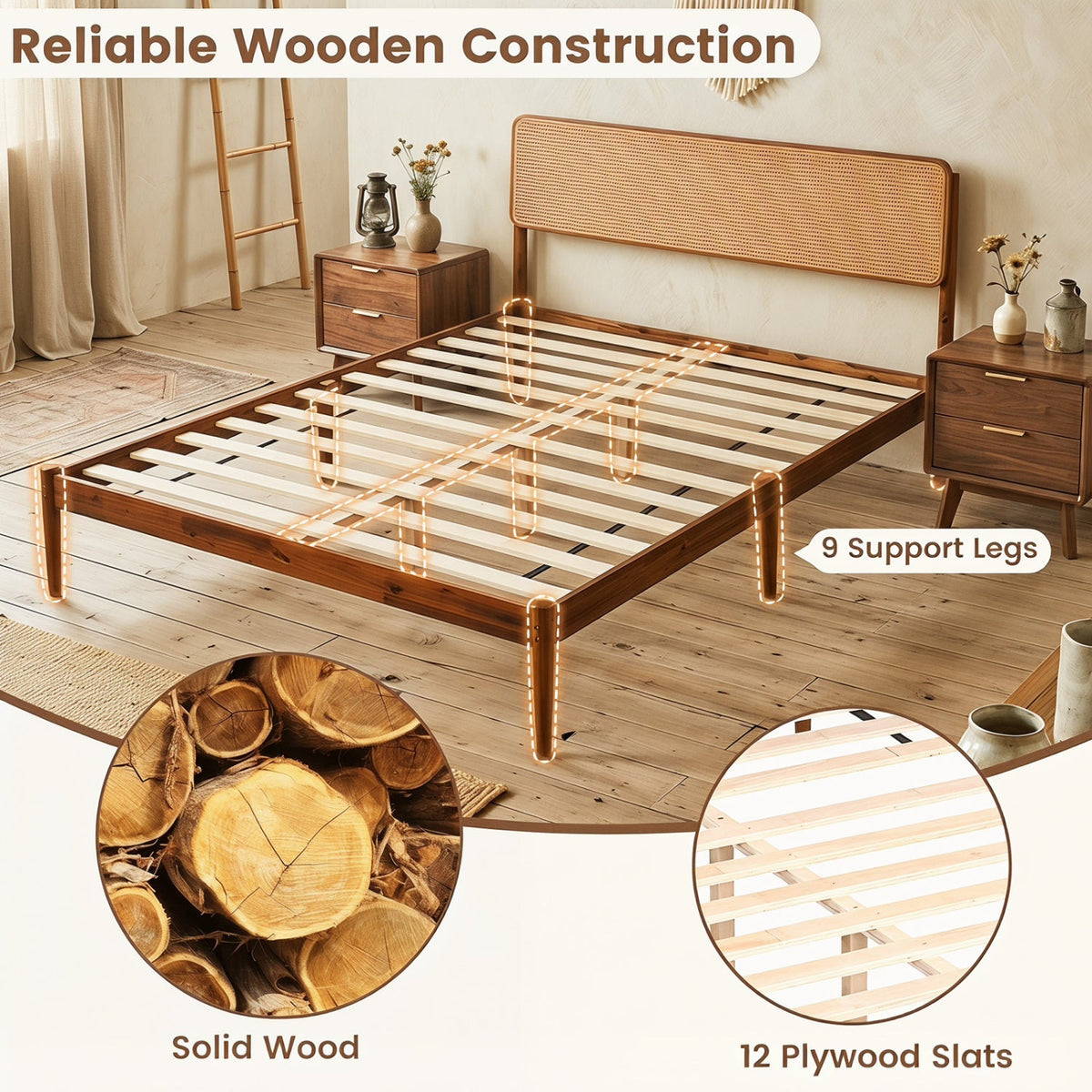 Queen Rattan Headboard Bed Frame with Wood Slat Support