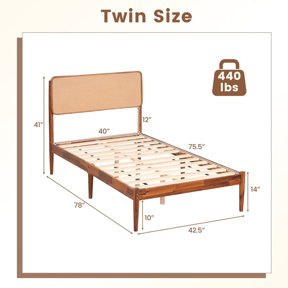 Queen Rattan Headboard Bed Frame with Wood Slat Support