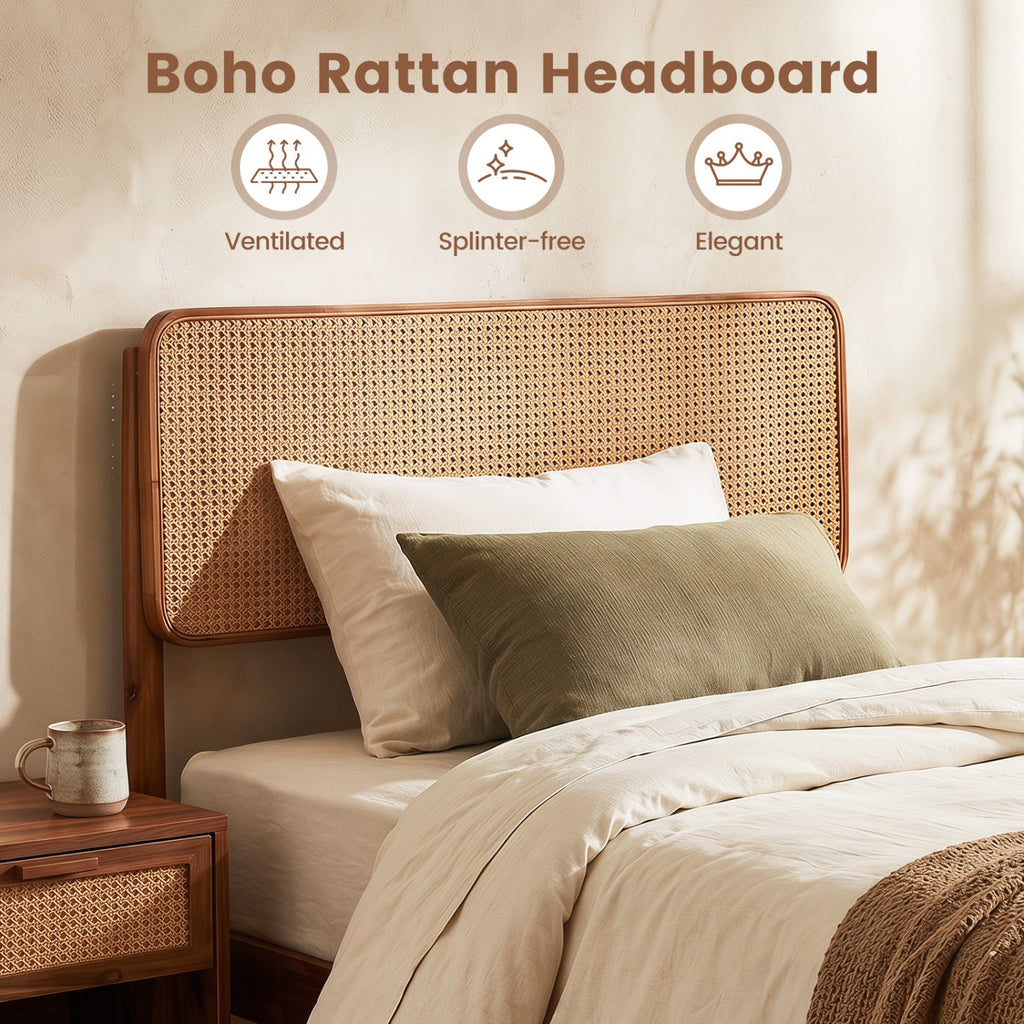 Queen Rattan Headboard Bed Frame with Wood Slat Support