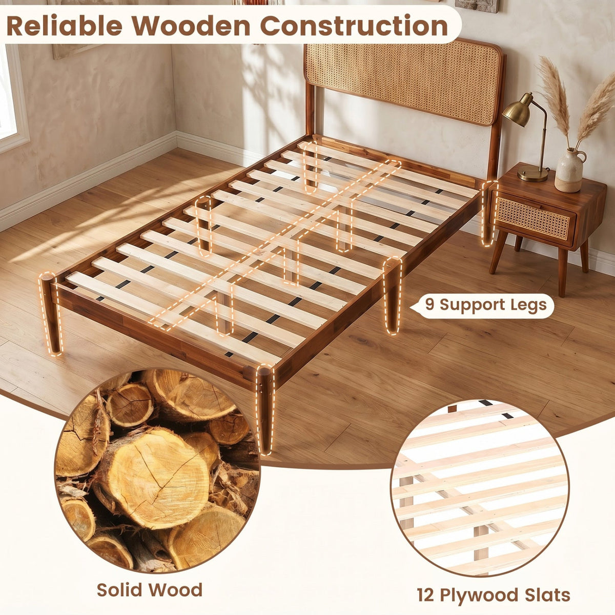 Queen Rattan Headboard Bed Frame with Wood Slat Support