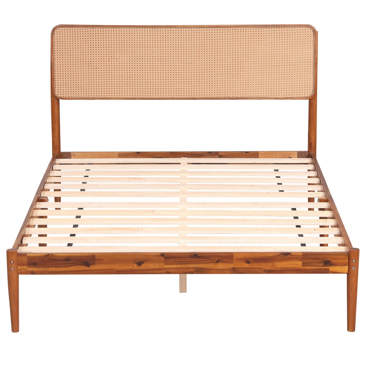 Queen Rattan Headboard Bed Frame with Wood Slat Support