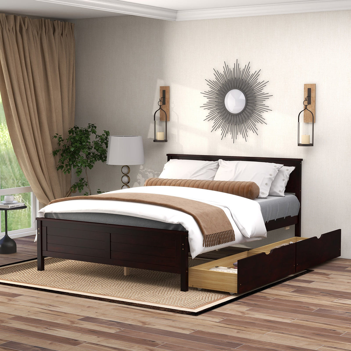 Full Size Bed Frame with Storage Drawers and Solid Wood Headboard