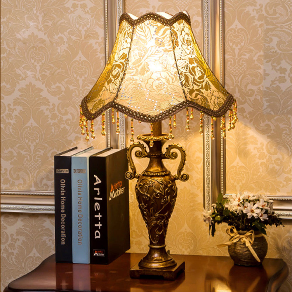 Antique Brass Table Lamp – Floral Fabric Drum Shade