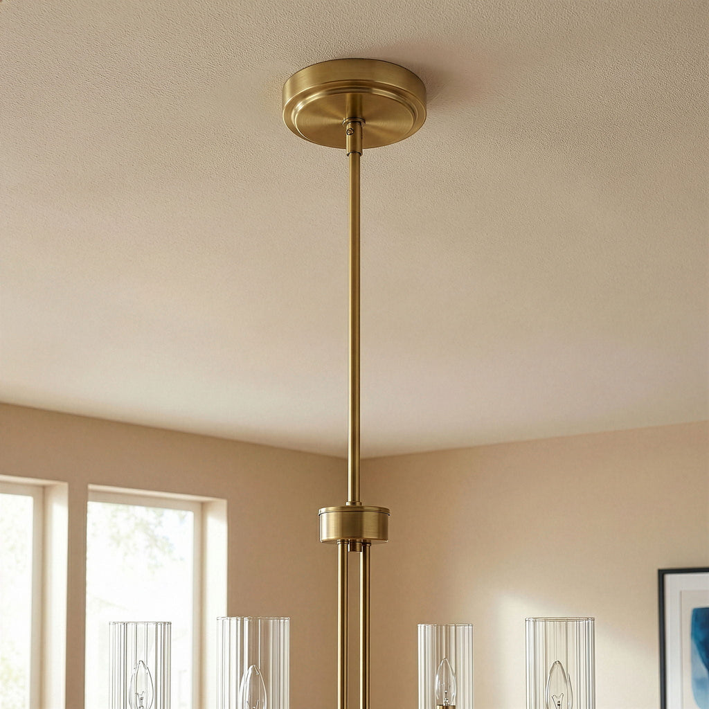 4 Lights Chandelier With Clear Ribbed Satin - Antique Brass