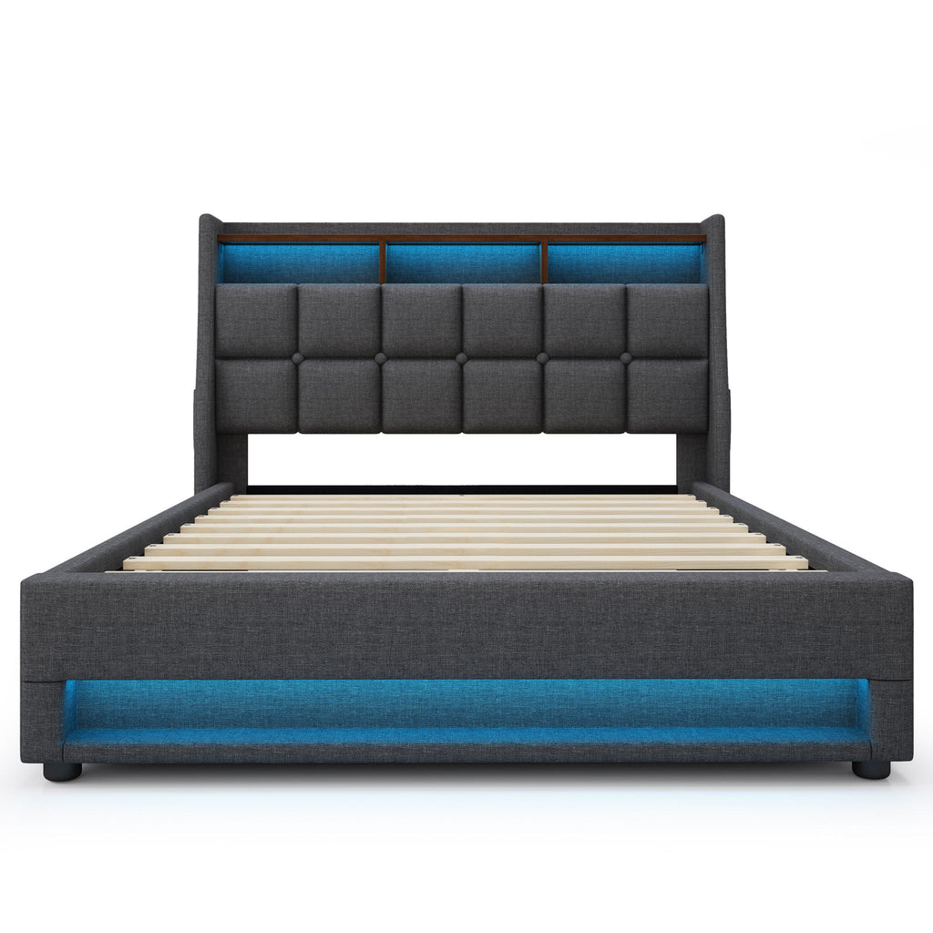Upholstered Platform Bed With A Hydraulic Storage System, LED And USB Charging