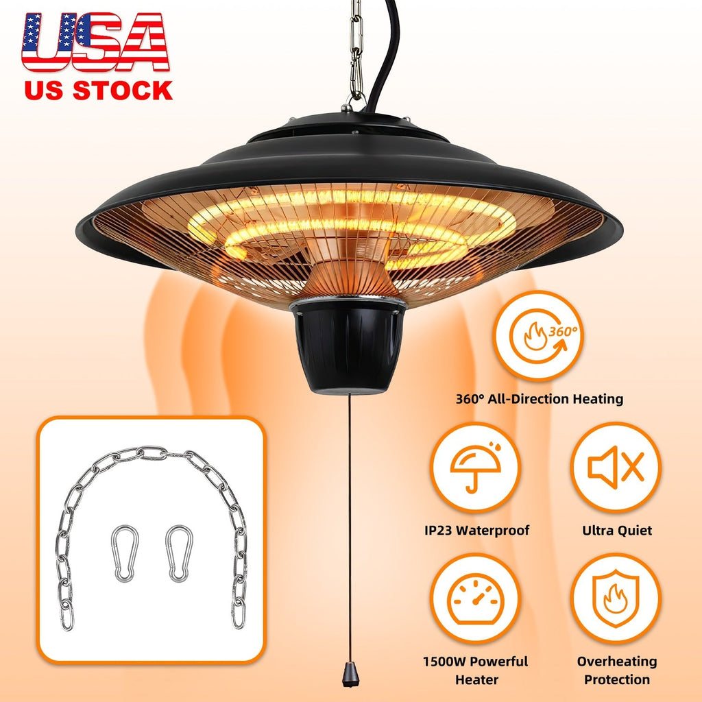 1500W Outdoor Hanging Patio Heater Waterproof 2 Heating Levels Overheating Protection