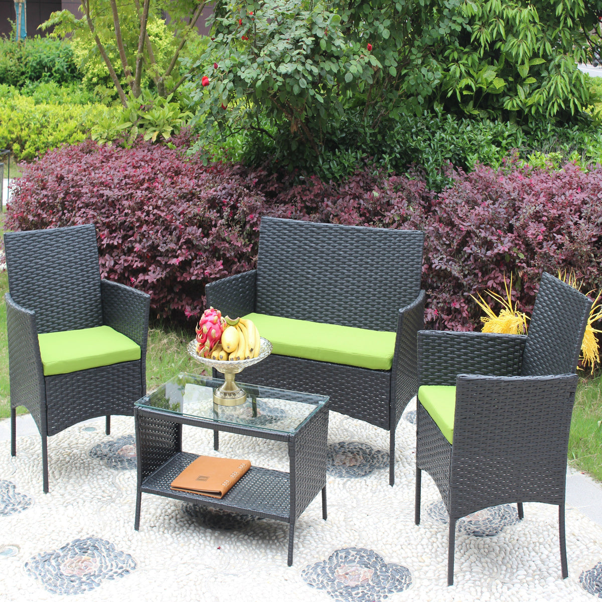 4 PC Rattan Patio Set Outdoor Cushioned Wicker Sofa Green Cushion