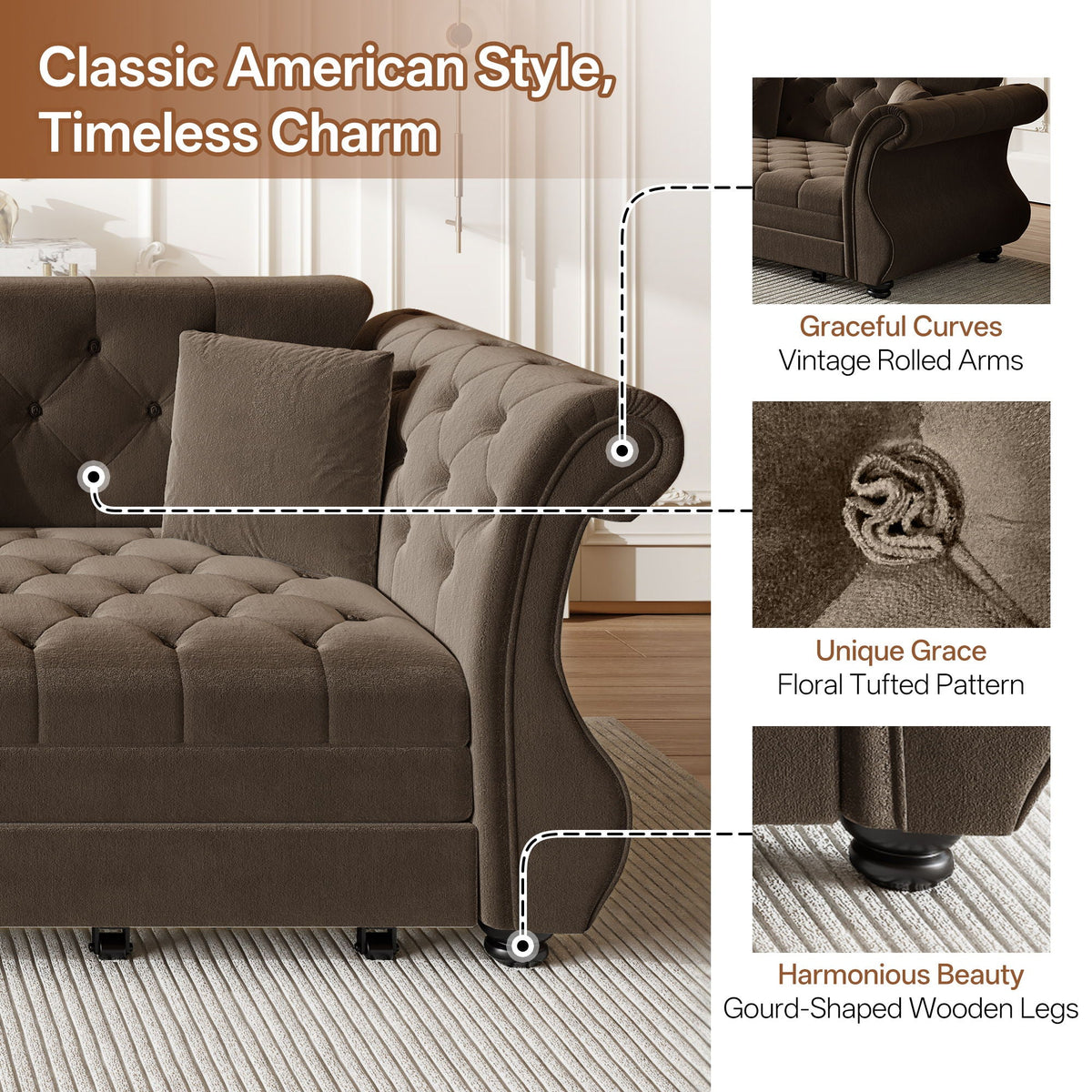 Oversized Chesterfield Pull Out Sofa Bed with Flower Tufting