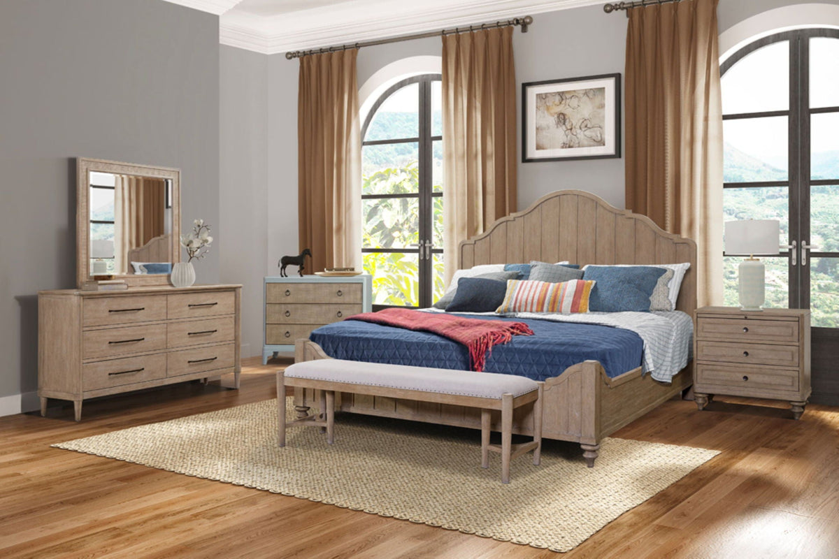 Panel Bedroom Set With 3 Drawer Nightstand, Casual Dresser, Cane Mirror
