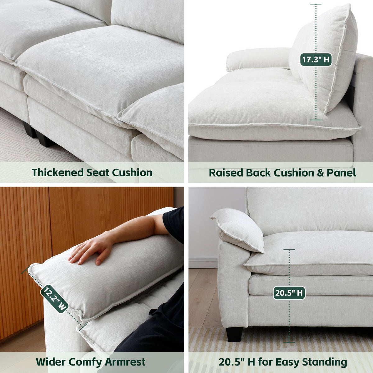 Living Room Sofa Luxury Couch with Ottoman in Soft Chenille