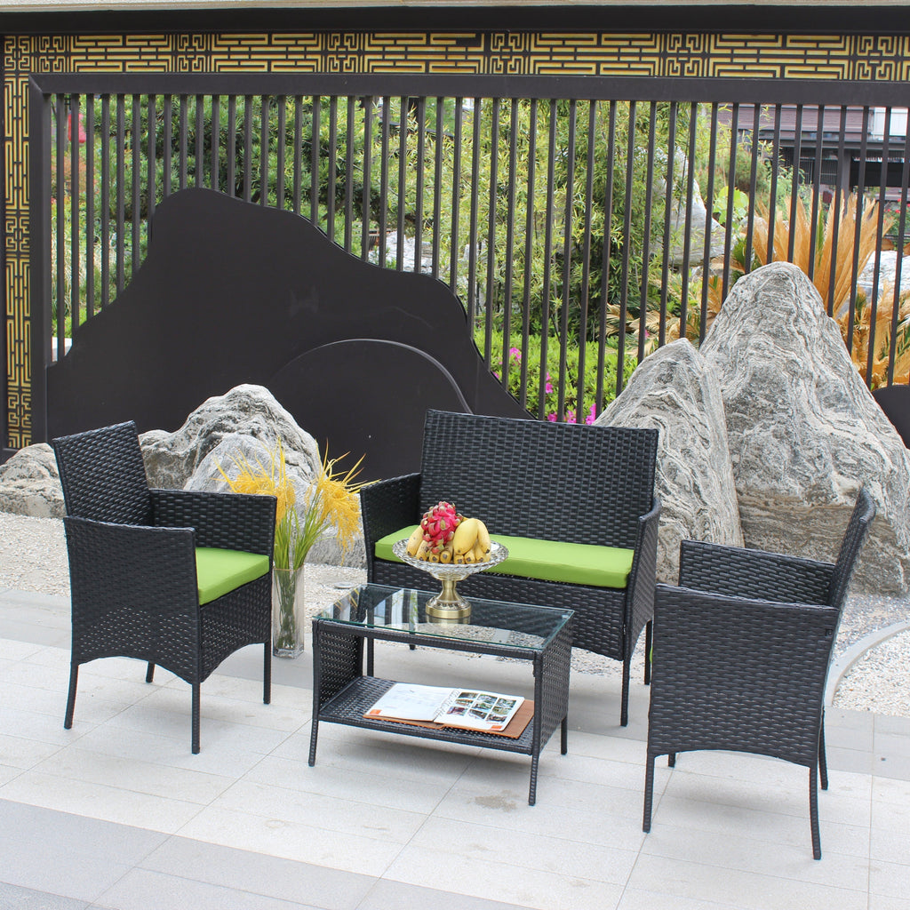4 PC Rattan Patio Set Outdoor Cushioned Wicker Sofa Green Cushion