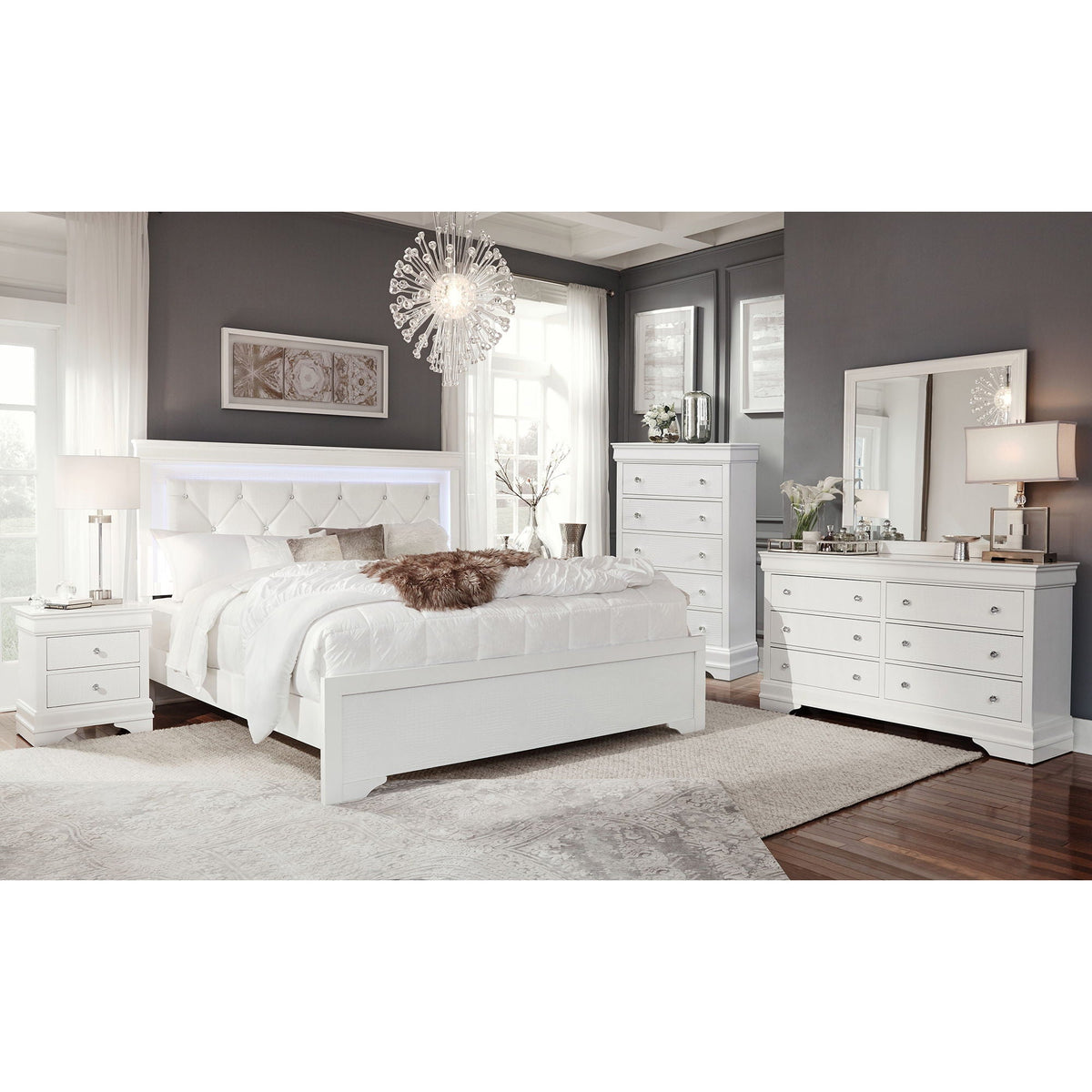 5 Pieces Bedroom Set With Crystal Tufted Headboard with LED Lighting