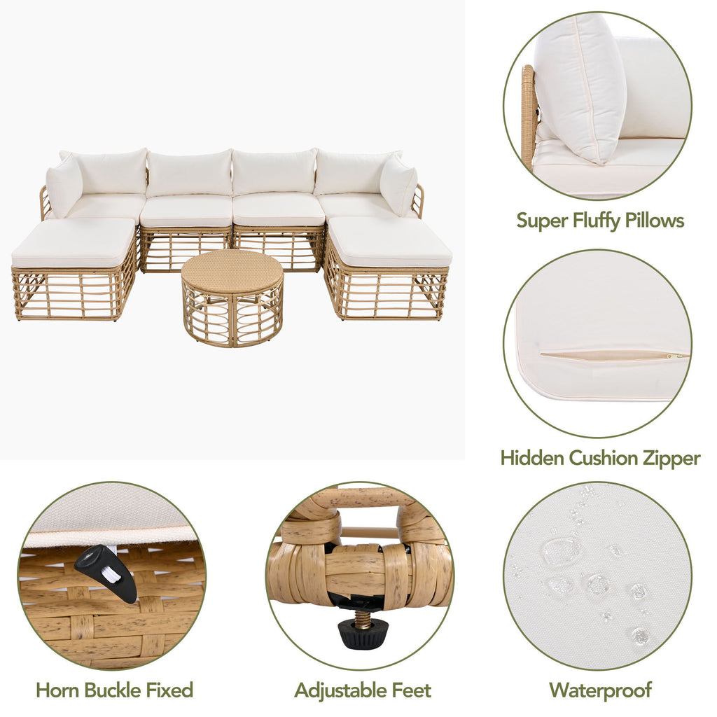 Patio Furniture, All-Weather Rattan Sectional Sofa Set With Thick Cushions And Pillows, Freely Combined Conversation Sets For Garden, Backyard, Balcony