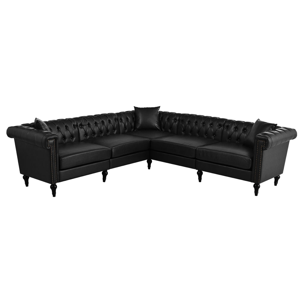 L Shaped Reversible Modern Chesterfield Sofa with Rolled Arms and Nailheads