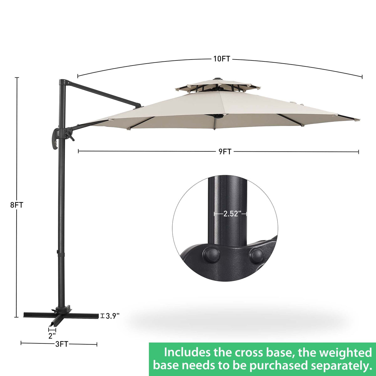 10ft Double Top Heavy-Duty Patio Cantilever Umbrella with Cross Base