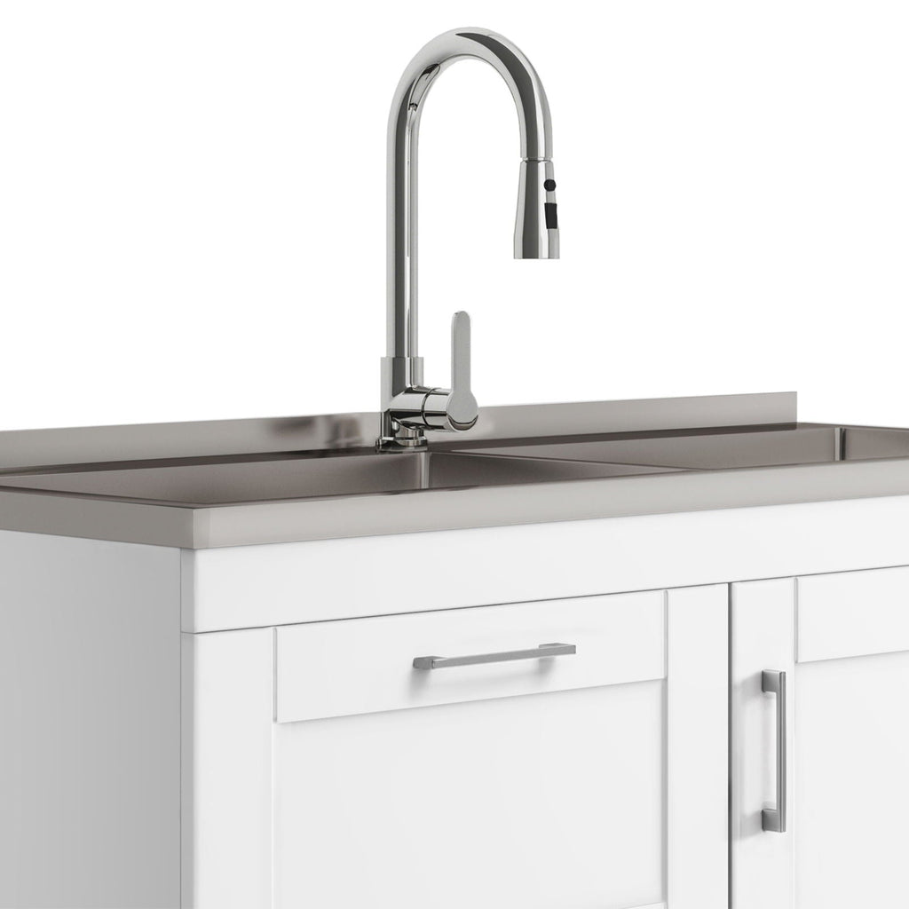 Modern Wide Laundry Cabinet With Faucet And Sink - White