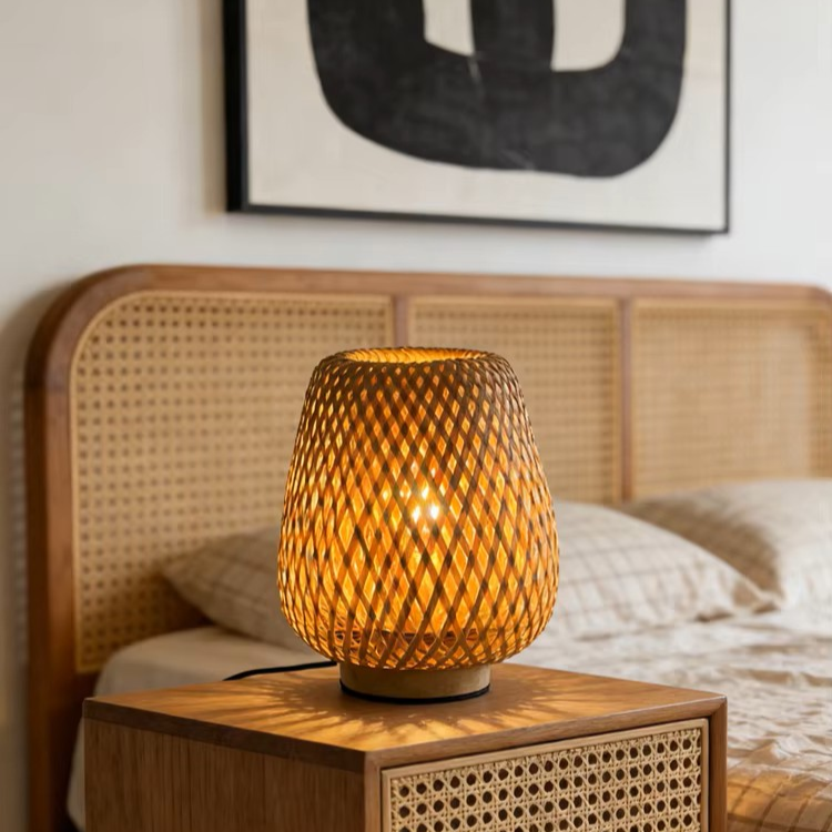 Hollow Woven Bamboo Table Lamp | Open-Weave Bamboo Bedside Light