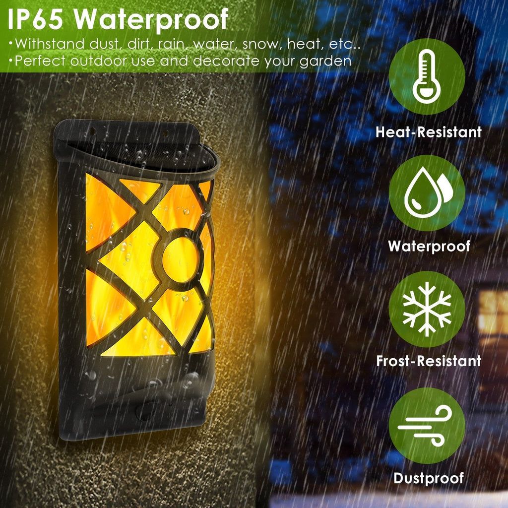 Flame Solar Lights 96 LEDs Waterproof Flickering Flame Wall Mount Lamp Auto On Off