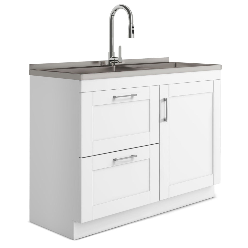 Modern Wide Laundry Cabinet With Faucet And Sink - White
