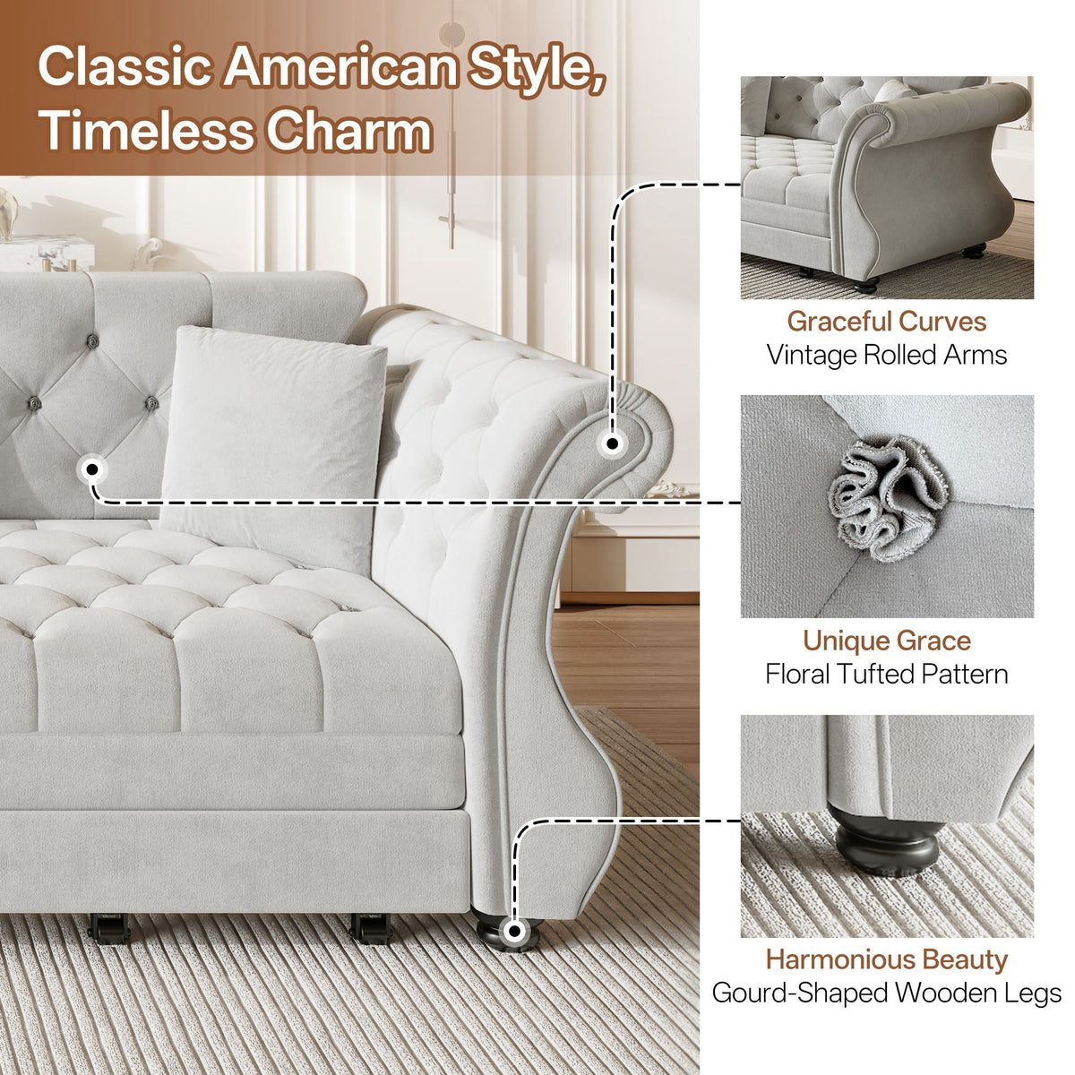 Oversized Chesterfield Pull Out Sofa Bed with Flower Tufting