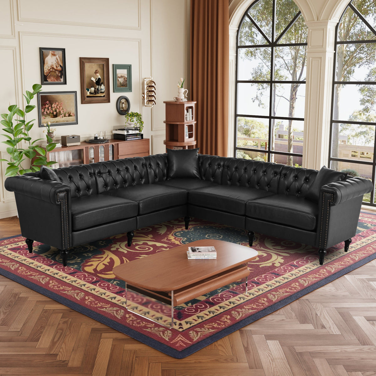 L Shaped Reversible Modern Chesterfield Sofa with Rolled Arms and Nailheads