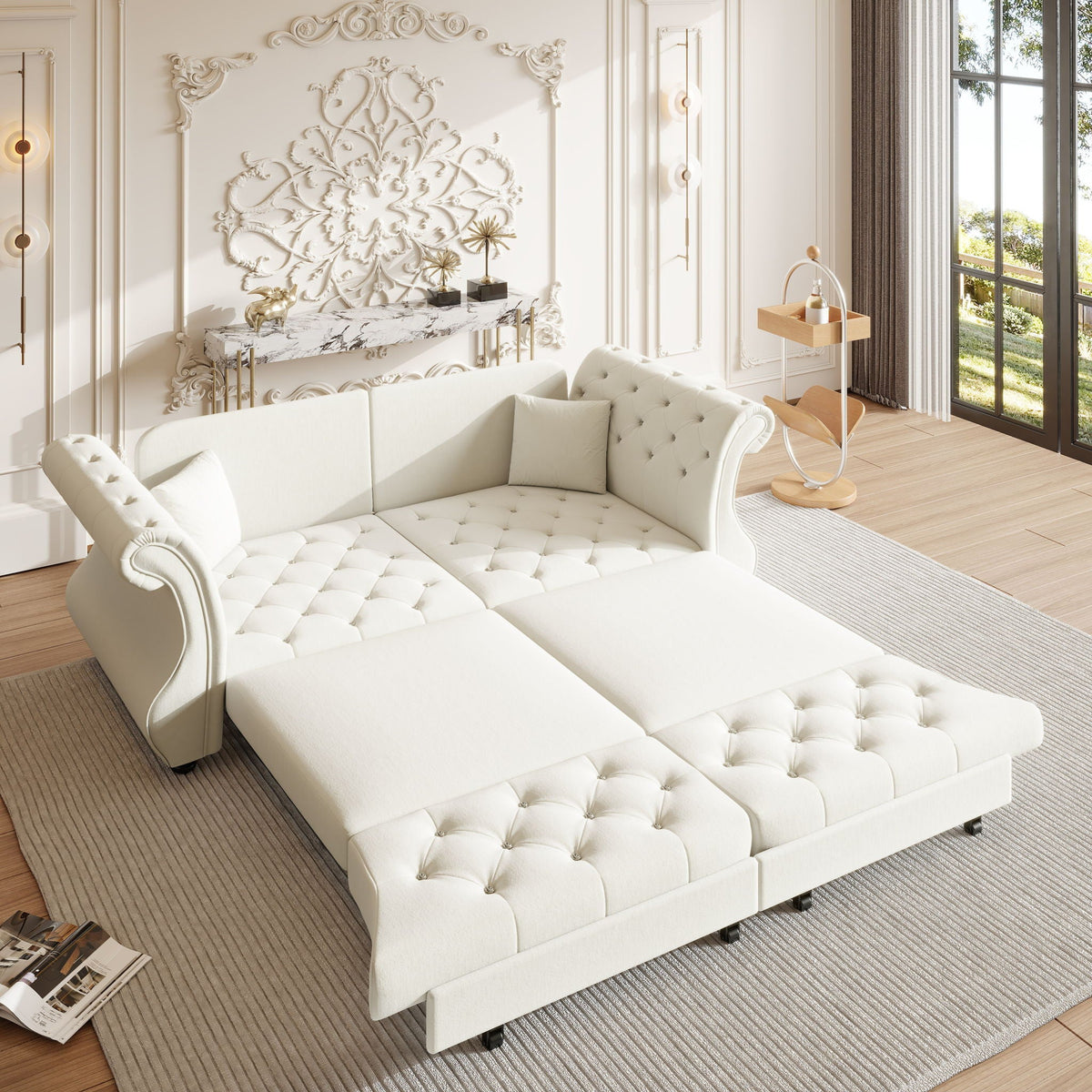 Oversized Chesterfield Pull Out Sofa Bed with Flower Tufting