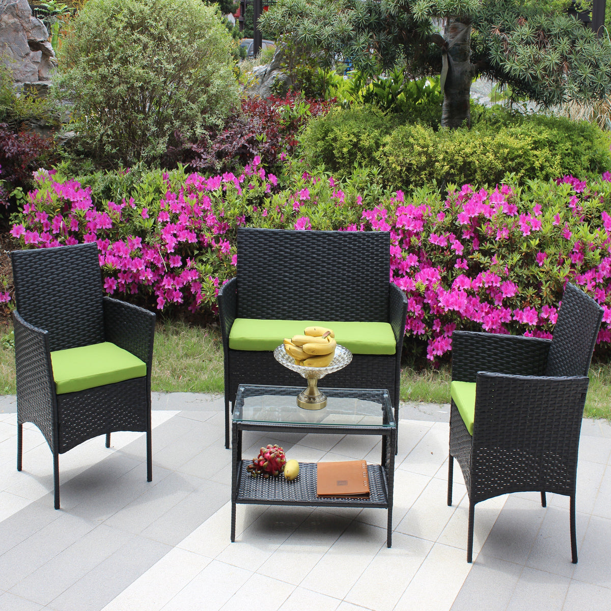 4 PC Rattan Patio Set Outdoor Cushioned Wicker Sofa Green Cushion