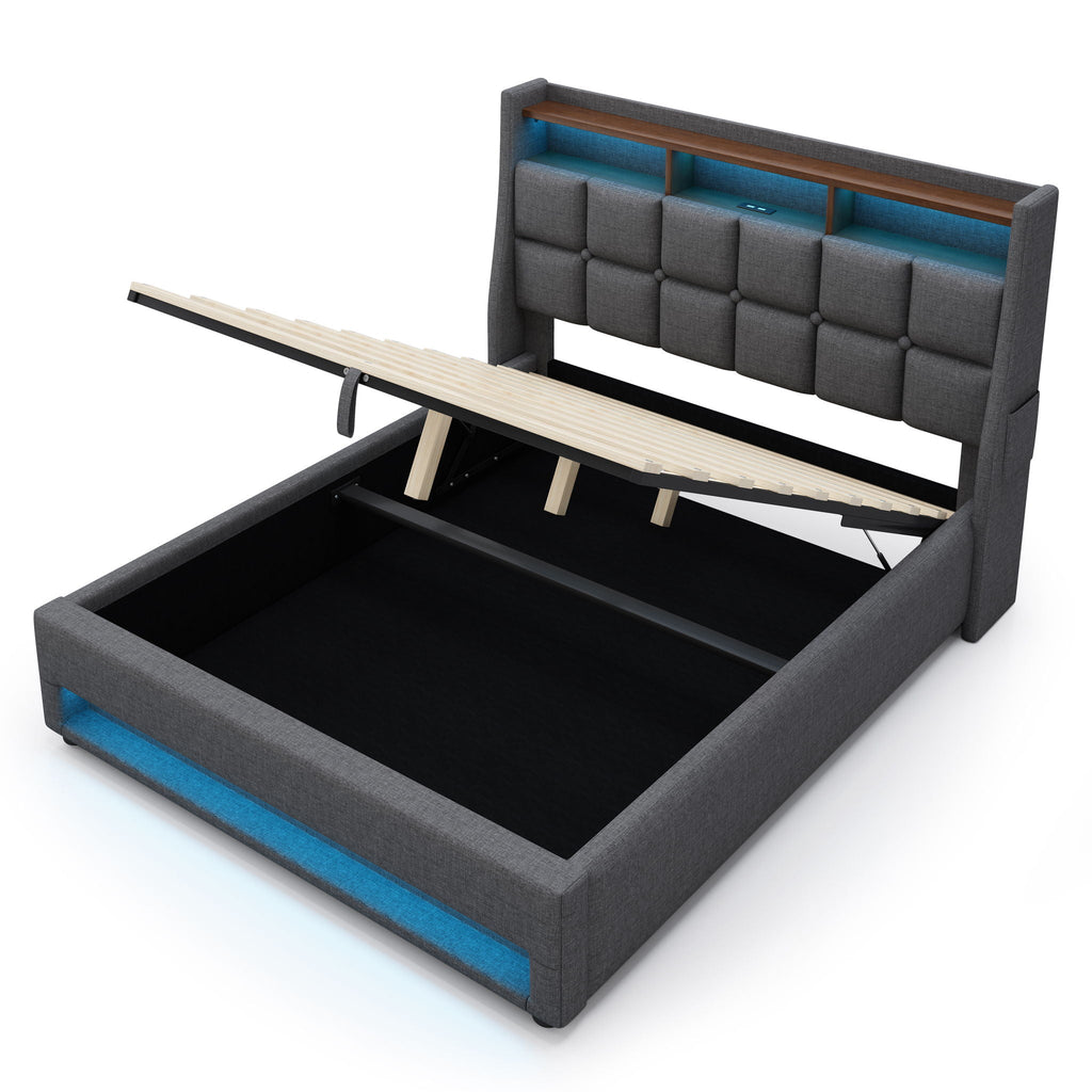 Upholstered Platform Bed With A Hydraulic Storage System, LED And USB Charging