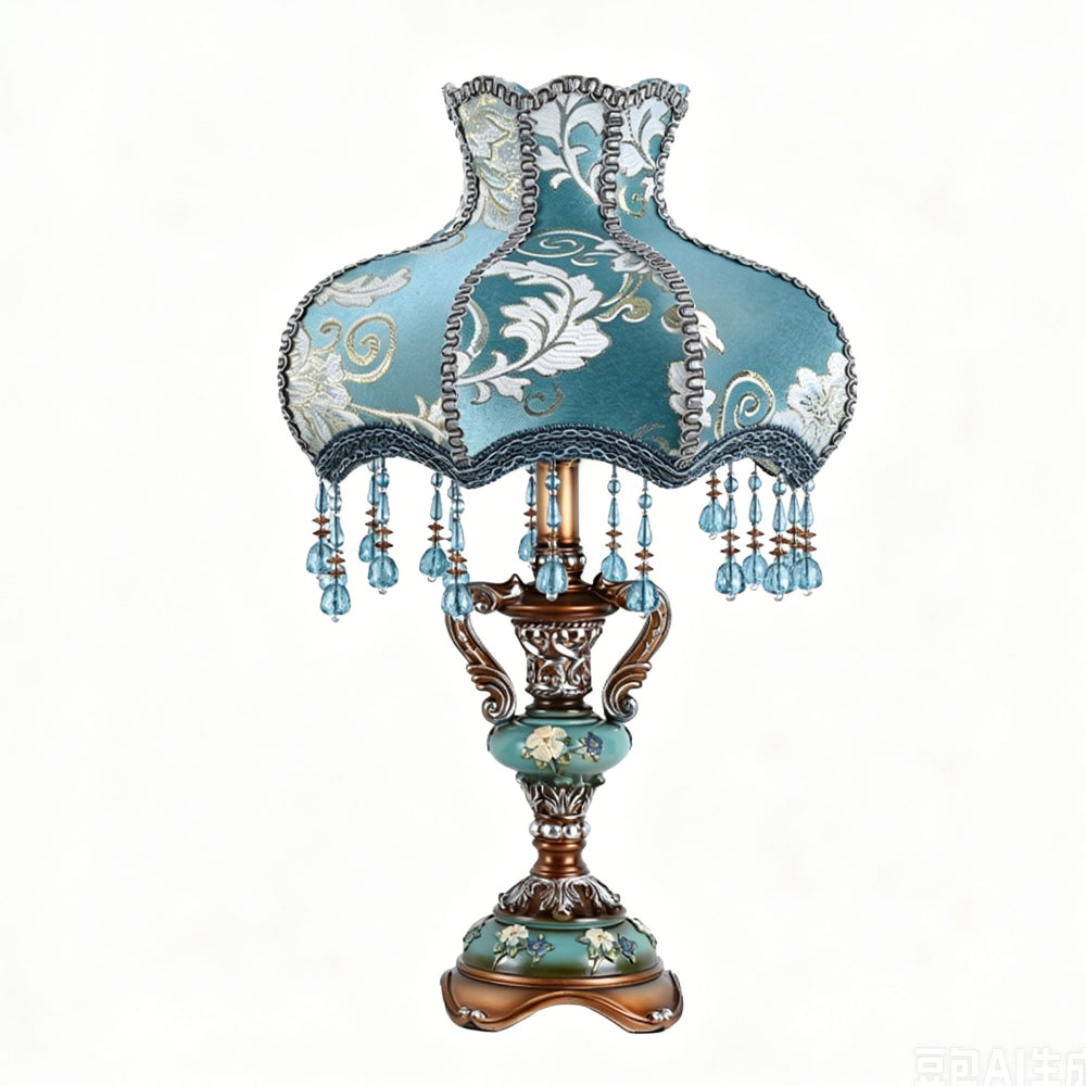 Victorian Floral Table Lamp – Lace Lampshade & Beaded Fringe, Antique Bedside Night Light