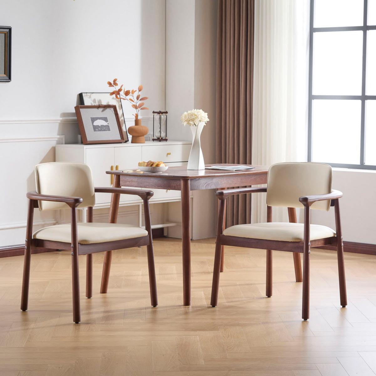 Dining Room Chairs, Set of 2 - Beige / Dark Walnut