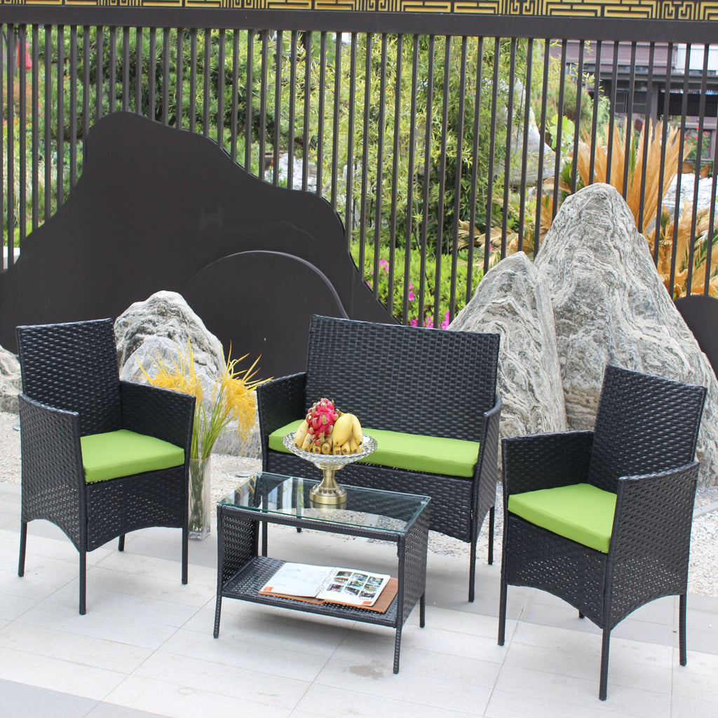 4 PC Rattan Patio Set Outdoor Cushioned Wicker Sofa Green Cushion