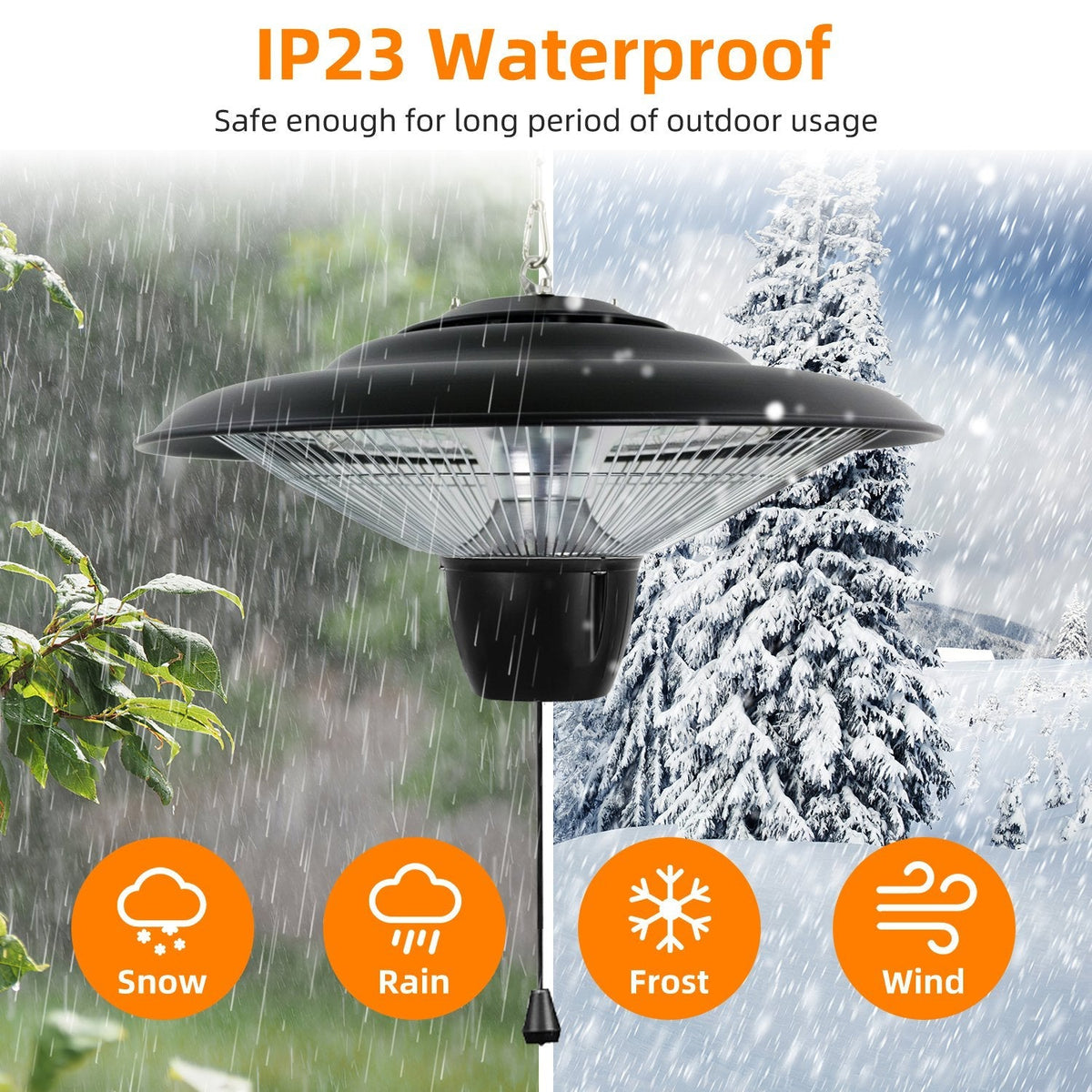 1500W Outdoor Hanging Patio Heater Waterproof 2 Heating Levels Overheating Protection